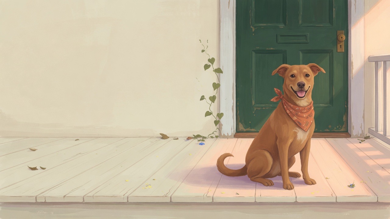 Bandanalı bir köpek, yeşil bir kapının önünde